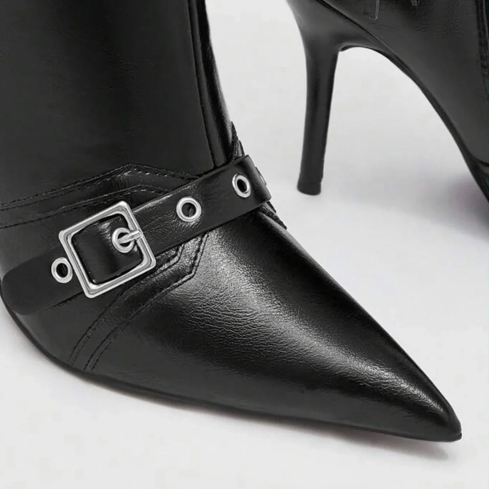 Trending Buckle Stiletto Heeled Classic Black Fall Boots, size 8 - Picture 3 of 8